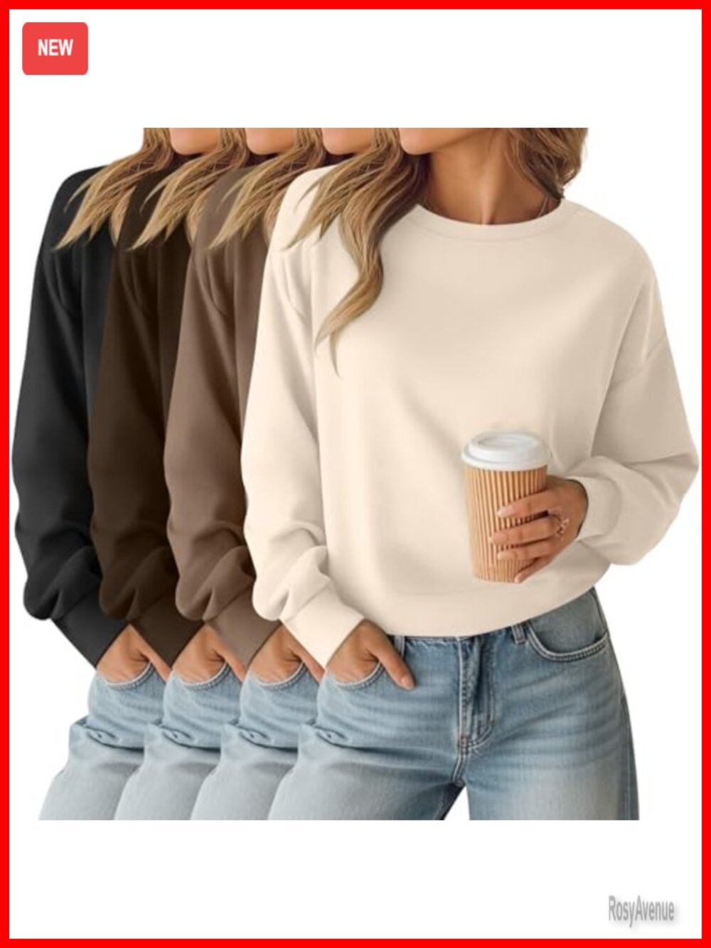 Cropped Long Sleeve Sweatshirts 4 Pack Womens Pullover Crew Neck